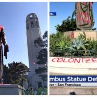 [EUA] São Francisco, CA: Estátua de Cristóvão Colombo Coberta de Tinta Vermelha; Lemas Anticoloniais