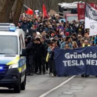 [Alemanha] Protesto contra a ampliação de fábrica da Tesla | "Árvores em vez de concreto – Pare a Gigafábrica"
